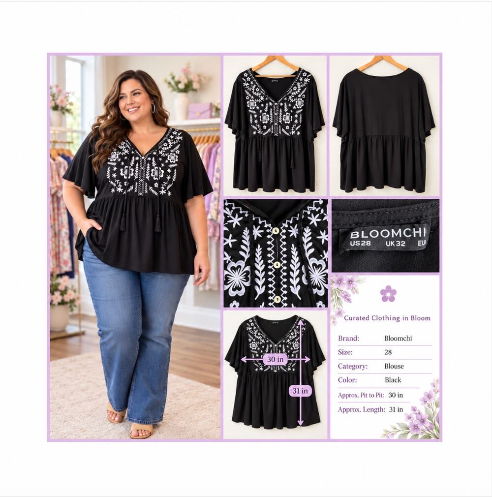 BloomChic Black Embroidered V-Neck Babydoll Blouse Size 28